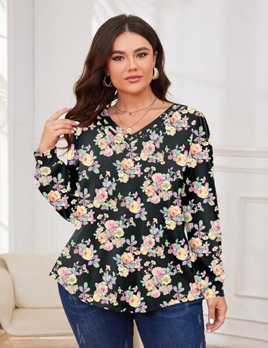 TFSDOD Plus Size Tops for Women Long Sleeve V Neck Shirts Dressy Casual Blouse Loose Fit Basic Tee Tshirt(1X-5X) - color: Bf, size: 5X-Large Plus