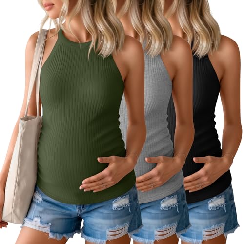 3 Pack Women's Maternity Tank Tops - color: Black, Light Gray, Army Green, size: Large