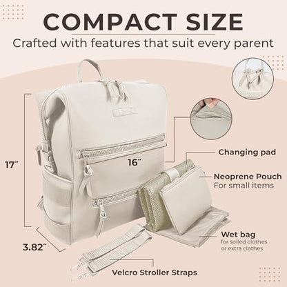 BUNSO Baby Neoprene Minimalist Backpack Diaper Bag with Pouch, Changing Pad, and Stroller Straps, Water Resistant and Lightweight, Cream - color: Cream