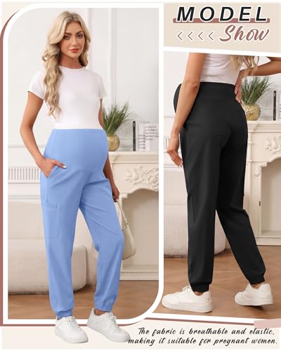 Oakgarden 2 Pack Women's Maternity Scrub Pants Pregnancy Scrubs - color: Black, Light Blue, size: Small