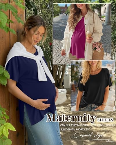 Riyiper 3 Pack Women's Maternity Tunic Cotton Shirts - color: Fuchsia, Navy Blue, Black, size: X-Large