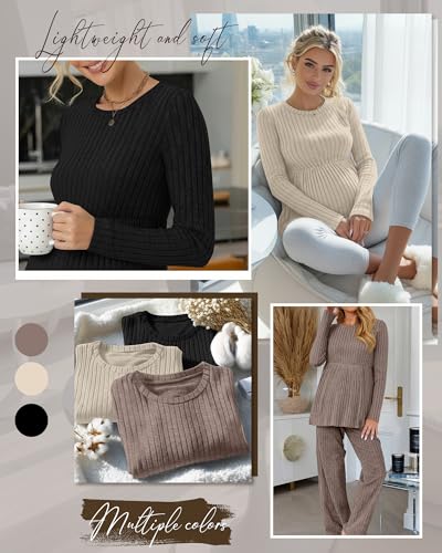 3 Pack Maternity Shirts Long Sleeve Ribbed Sweaters - color: Coffee, Apricot, Black, size: Medium