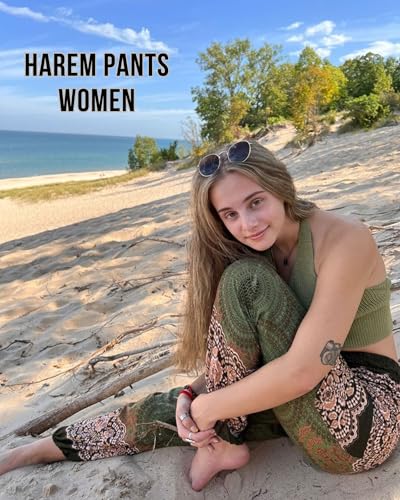 Boho Pants 2-Pocket Flowy Harem Pants Women for Yoga Travel Hippie Clothes - color: Honeycomb Olive, size: Medium