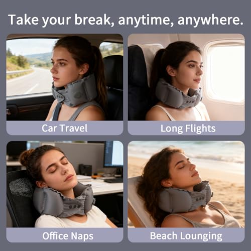 InfInflatable Travel Neck Pillow Built-in Pump & Cute Storage Bag - color: Blue
