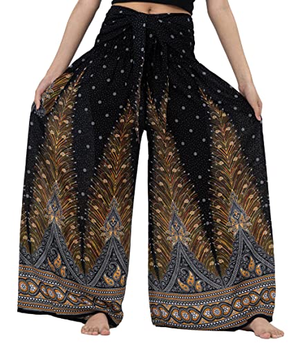 B BANGKOK PANTS Women's Boho Palazzo Pants - color: Black Peacock, size: 16-20 Plus