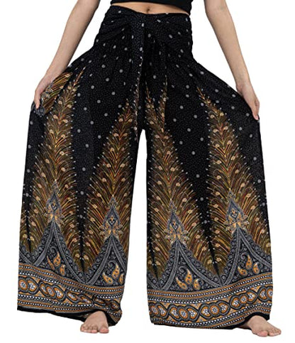 B BANGKOK PANTS Women's Boho Palazzo Pants - color: Black Peacock, size: 16-20 Plus