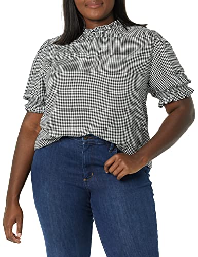 Amazon Essentials Women's Fluid Twill Short Puff Sleeve Ruffle Smock Detail Blouse - color: Black White Mini Gingham, size: Small