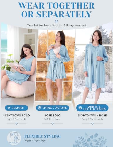 Maternity Nursing Gown & Robe Set, Ruffle Labor Delivery Nightgowns - color: Baby Blue, size: X-Large