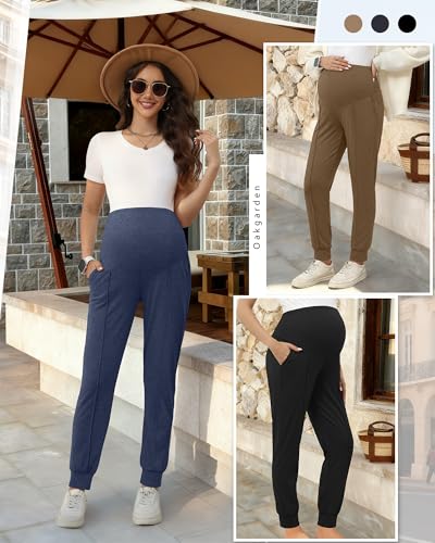Oakgarden 3 Pack Women's Maternity Pants Over the Belly Joggers - color: Black, Mocha, Haze Blue, size: Medium