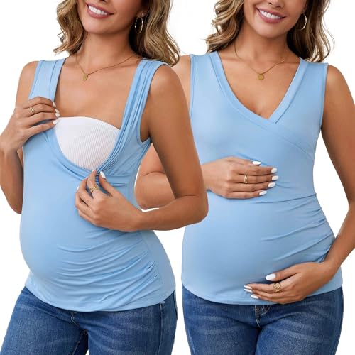 Womens 2-Pack Outfits Nursing Tank Wrap V-Neck Shirts Ruched Breastfeeding Sleeveless Maternity Tops - color: 2pack Blue, size: X-Large