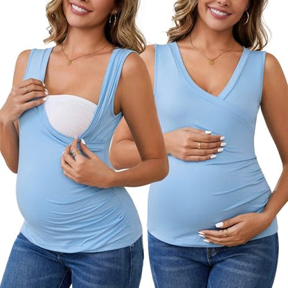 Womens 2-Pack Outfits Nursing Tank Wrap V-Neck Shirts Ruched Breastfeeding Sleeveless Maternity Tops - color: 2pack Blue, size: X-Large