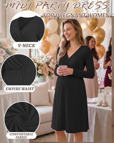 Locoowai Maternity Wrap Long Sleeve Dress V Neck Fall Dress - color: Black, size: Medium