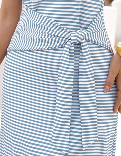 MEROKEETY Women's Summer T Shirt Casual Work Wrap Maxi Dresses - color: Stripe Blue, size: Large