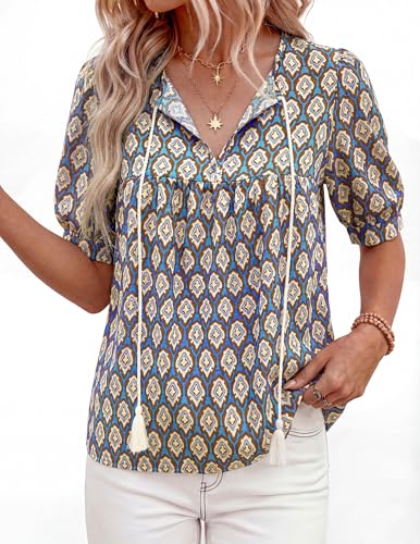 PRETTYGARDEN Womens Summer Boho Blouses Dressy Casual - color: Blue, size: Large