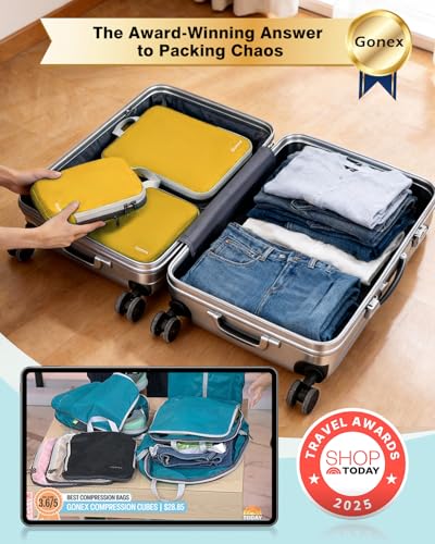 Gonex Compression Packing Cubes, 4-Piece Expandable Travel Organizers - color: 4-Apricot, size: 4 Set