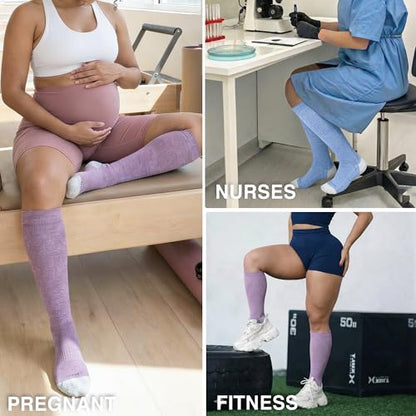 LEVSOX Bamboo Viscose Compression Socks Wide Calf 15-20 mmHg with Cushioned - color: Purple Grey, size: Medium