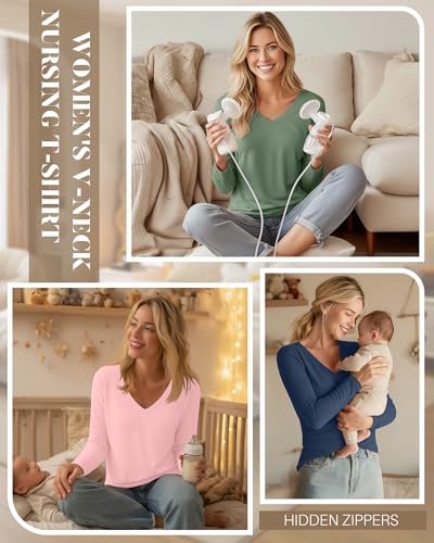 Huukeay 3 Pack Maternity Nursing Tops Breastfeeding Shirts - color: Apple Green, Light Pink , Haze Blue, size: X-Large
