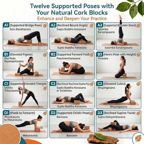 2 Pack Natural Cork Yoga Blocks, High Density Non-Slip Yoga Bricks for Pilates, Stretching, Balance and Flexibility Training - size: 9 x 6 x 3 Inch High Density