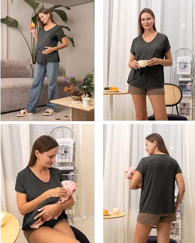 Rnxrbb Summer Nursing Tops Breastfeeding Tshirts Postpartum Clothes Sets - color: Black&purple Red&flecking Grey, size: Small