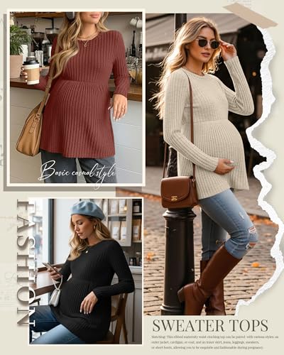 3 Pack Maternity Shirts Long Sleeve Ribbed Sweaters - color: Brick Red, Apricot, Black, size: X-Large
