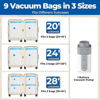 ETENWOLF 9 Combo Vacuum Storage Bags for Travel with Wireless Pump - size: 9 Travel Size-E