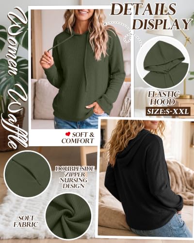 Ficerd 2 Pack Women's Nursing Waffle Hoodies Breastfeeding Tops - color: Army Green, Black, size: X-Large