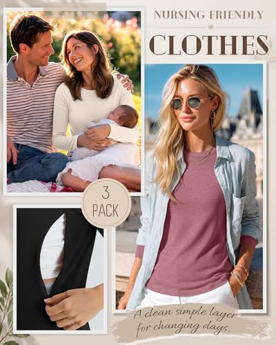 3 Pack Women's Nursing Tops Breastfeeding Shirts Fall - color: Apricot, Gray Pink, Black, size: X-Large