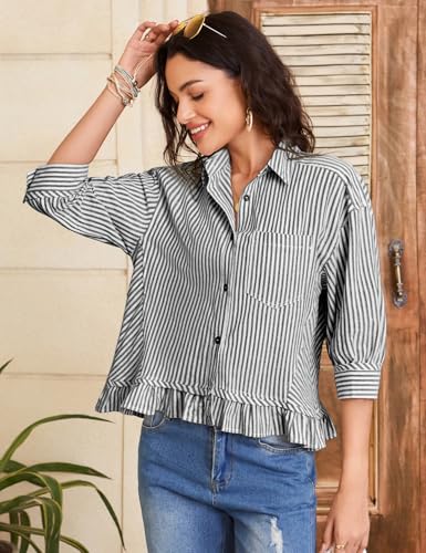 Flygo Womens Striped Button Down Shirts Cropped 3/4 Sleeve Ruffled Blouses - color: Black, size: Large