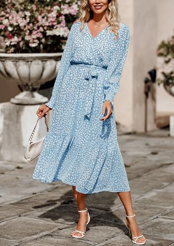 PRETTYGARDEN Womens Long Sleeve Boho Maxi Fall Floral Wedding Guest Dresses - color: Dark Blue, size: X-Large