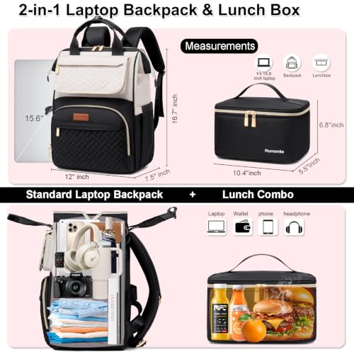 Lunch Backpack For Women, 15.6 Inch Laptop Backpack with Lunchbox - color: Black/Beige