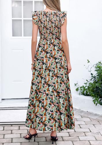 PRETTYGARDEN Women's Smocked Boho Floral Maxi Dress - color: Black, size: X-Large