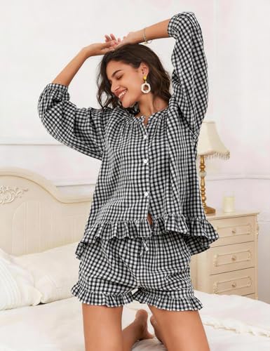 Flygo Womens Gingham 2 Piece Pajama Sets Y2K Cotton Ruffle Short Sets - color: Black, size: X-Small