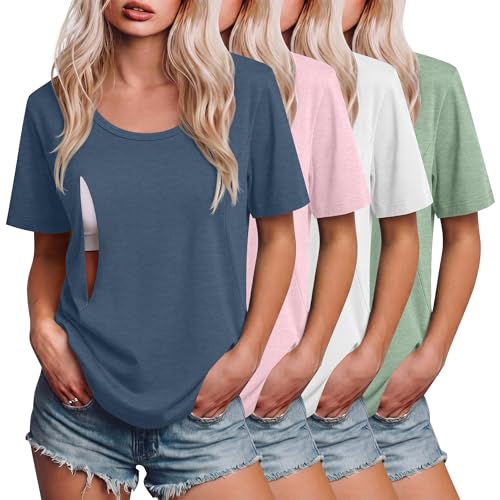 Ficerd 4 Pack Women's Maternity Nursing Shirts - color: Gray Blue, Pink, White, Light Green, size: X-Large