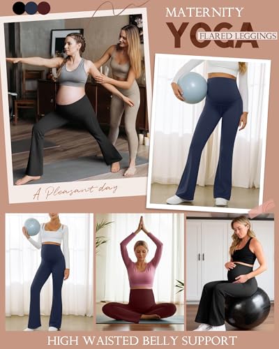 3 Pack Maternity Over The Belly Flared Leggings Pants - color: Wine Red, Navy Blue, Black, size: Large