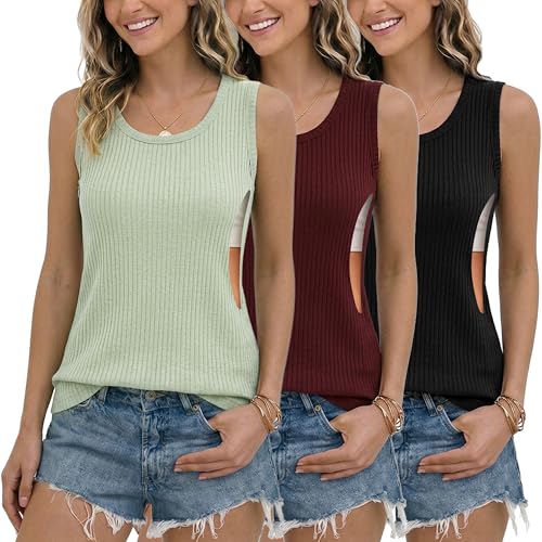 Ecavus Nursing Tank Tops for Breastfeeding, Ribbed Shirt with Hidden Zipper - color: Black+wine Red+green, size: Small