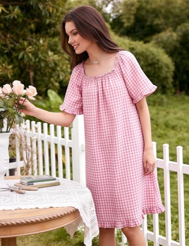 Flygo Womens Gingham Nightgown Cotton Pullover House Dress with Pockets - color: Pink, size: X-Large