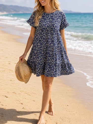 Womens Babydoll Dress Summer Boho Print Ruffles Loose Flowy Mini Dress - color: Navy, size: Medium