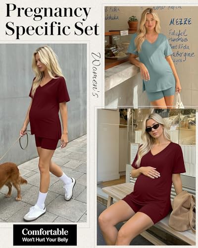 2 Pack Women Maternity Set Pregnancy Outfit - color: Pea Green, Wine Red, size: Medium