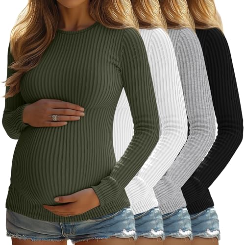 4 Pack Womens Ribbed Maternity Shirts Slim Fit Tops - color: Army Green, White, Light Gray, Black, size: Medium