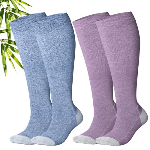 LEVSOX Bamboo Viscose Compression Socks Wide Calf 15-20 mmHg with Cushioned - color: Purple Grey, size: Large