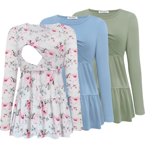 Bearsland Long Sleeve Nursing Top - color: Gray Green & Glacier Blue & Pink Rose, size: Medium