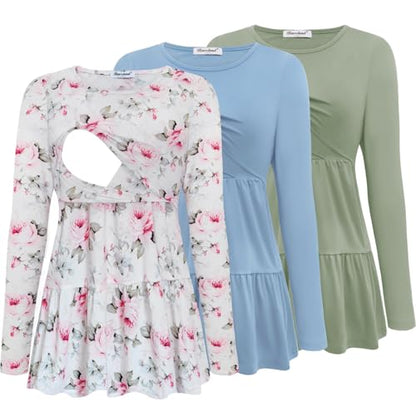 Bearsland Long Sleeve Nursing Top - color: Gray Green & Glacier Blue & Pink Rose, size: Medium