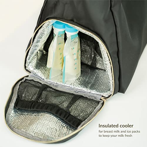Kiinde Anika Breast Pump Bag with Cooler Pocket, Laptop Compartment, Stylish, Large, Easy to Clean, Black with Grey Interior