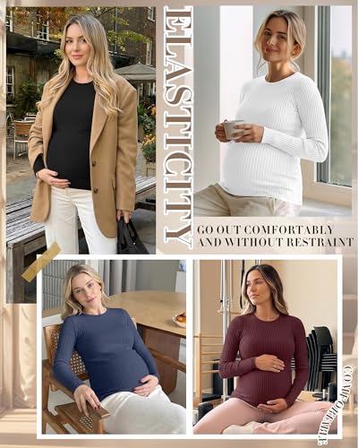 4 Pack Womens Ribbed Maternity Shirts Slim Fit Tops - color: Blue, Wine Red, White, Black, size: Large
