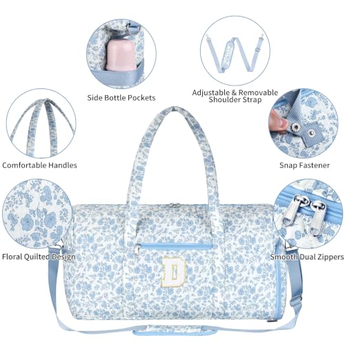 Personalized Quilted Duffle Bag for Travel Gym Weekender Hospital Carry On - color: Blue Flower, size: D