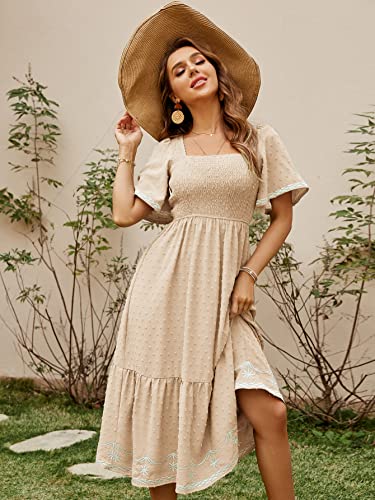 Glamaker Women's Short Sleeve Smocked Square Neck A Line Summer Flowy Maxi Long Dress - color: 01-beige, size: Medium