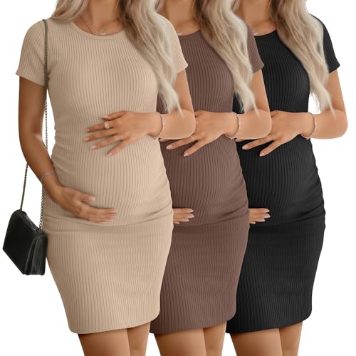 3 Pack Women's Cotton Maternity Dresses - color: Khaki, Coffee, Black, size: X-Large
