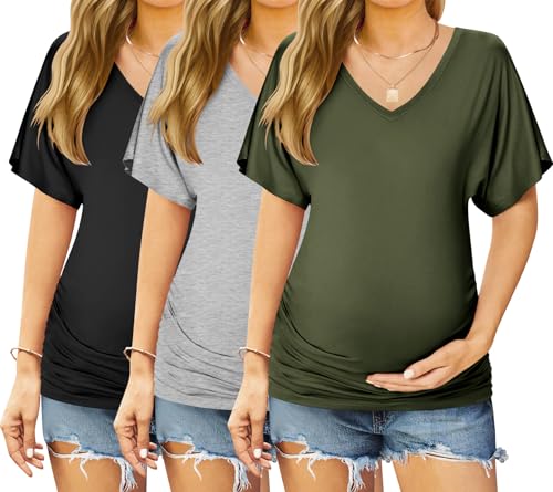 Ekouaer 3 Pack Maternity Shirts V Neck Pregnancy Tops Tunic Blouse Summer - color: Grey/Black/Army Green, size: Medium