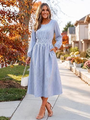 ANRABESS Women's Long Sleeve Striped Fall Midi Dress with Pockets - color: Blue White Stripe, size: Small