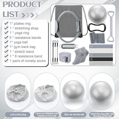 RoundFunny 18Pcs Pilates Ring Set, Women Exercise Accessories - color: Grey